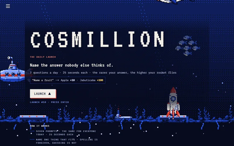 Cosmillion's blue ocean launch screen, with a little rocket ready for a journey into space